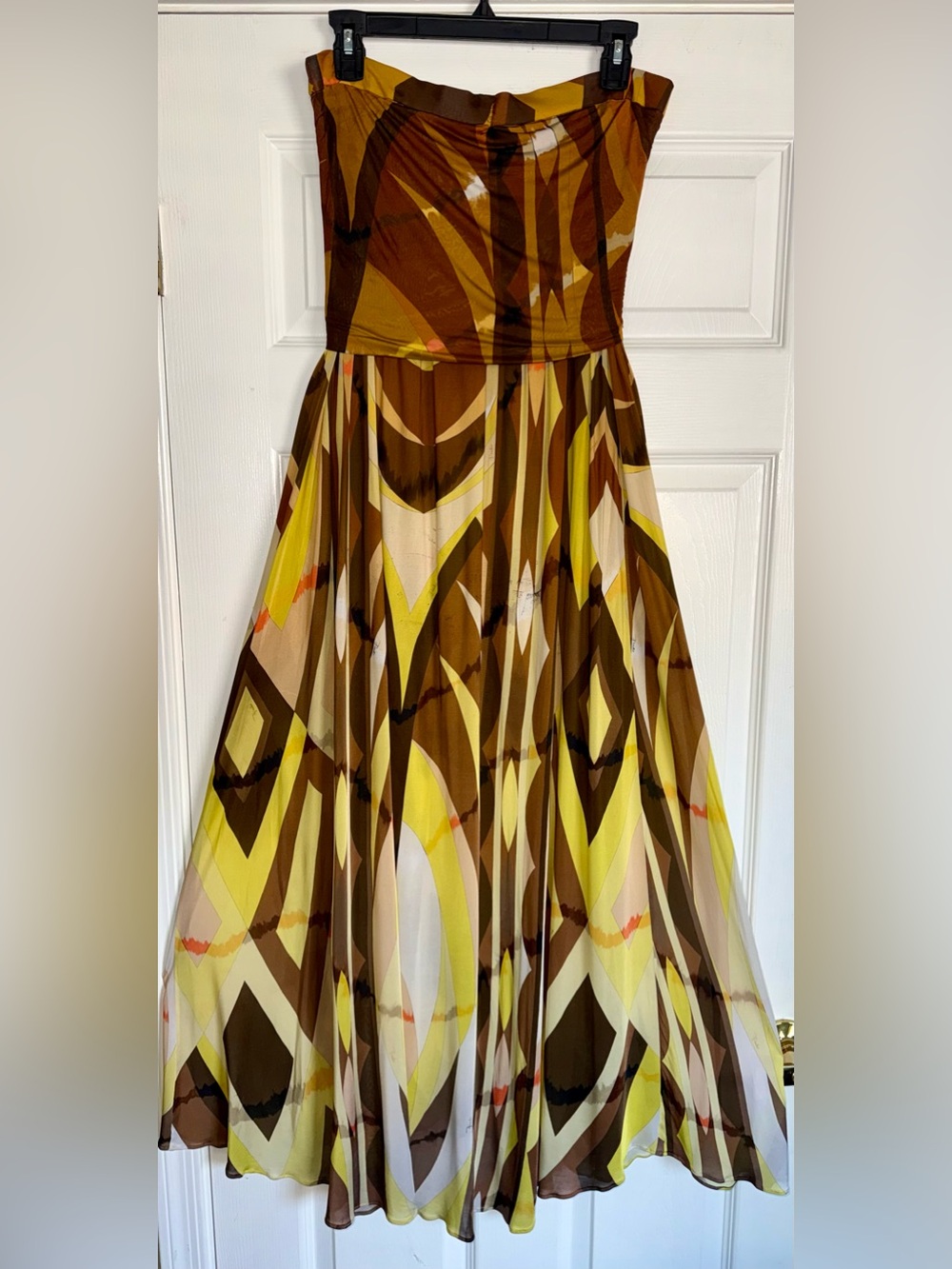 EMILIO PUCCI Brown Yellow Geometric Crossover Strapless Flowy Maxi 44 US 10 Y2K - Picture 7 of 16
